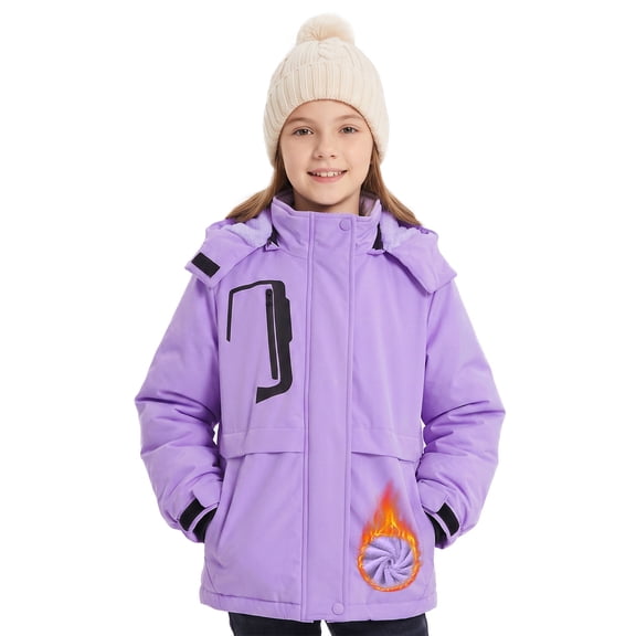 Kids Ski Jacket Boys Girls Fleece Lined Snow Coat with Detachable Hood and Zipper Pockets for Skiing Snowboarding Winter Outdoor Activities