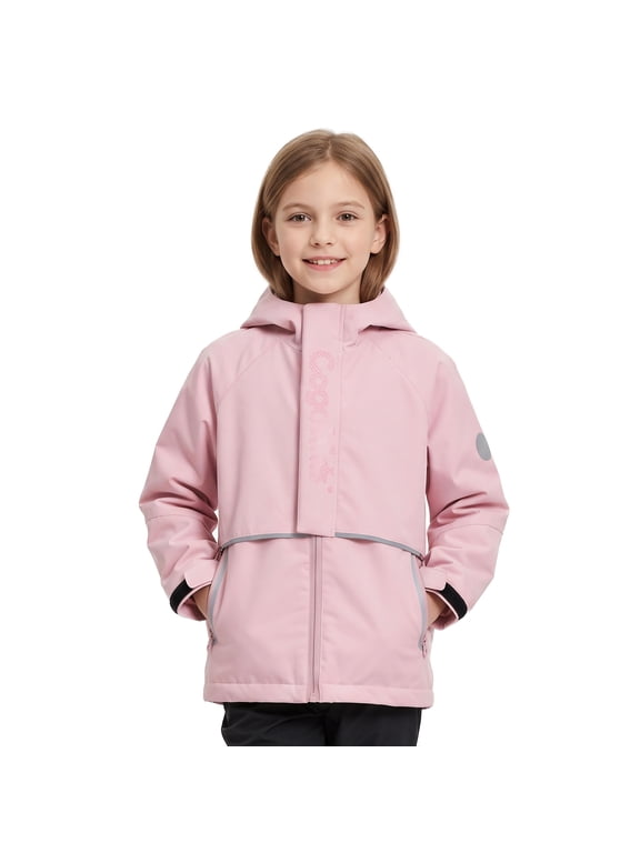 Kids Fleece Lined Rain Jacket Boys Girls Hooded Lightweight Windbreaker Coat for School and Outdoor Play