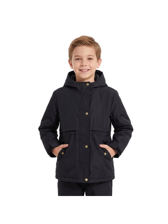 Girls Fleece Lined Hooded Jacket Adjustable Waist School Coat with Pockets for Cool Weather and Everyday Wear