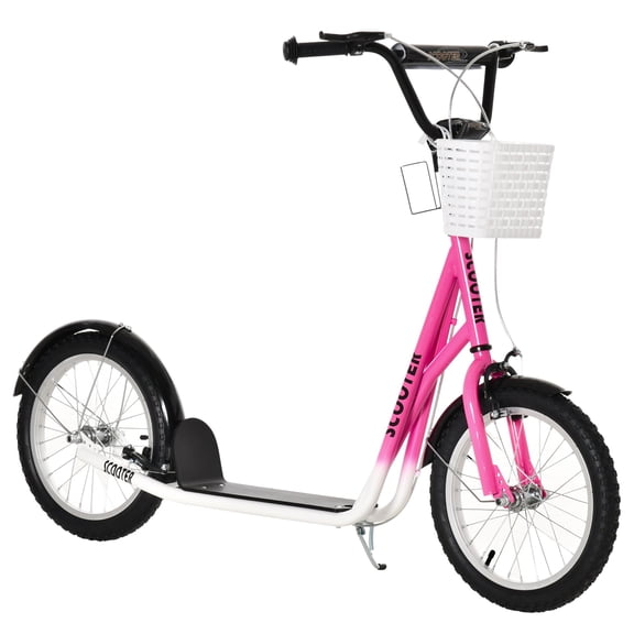 kids Scooter, Kick Scooter with Adjustable Handlebars, Double Brakes, Inflatable Rubber Tires, Basket, Cupholder, Mudguard, Pink