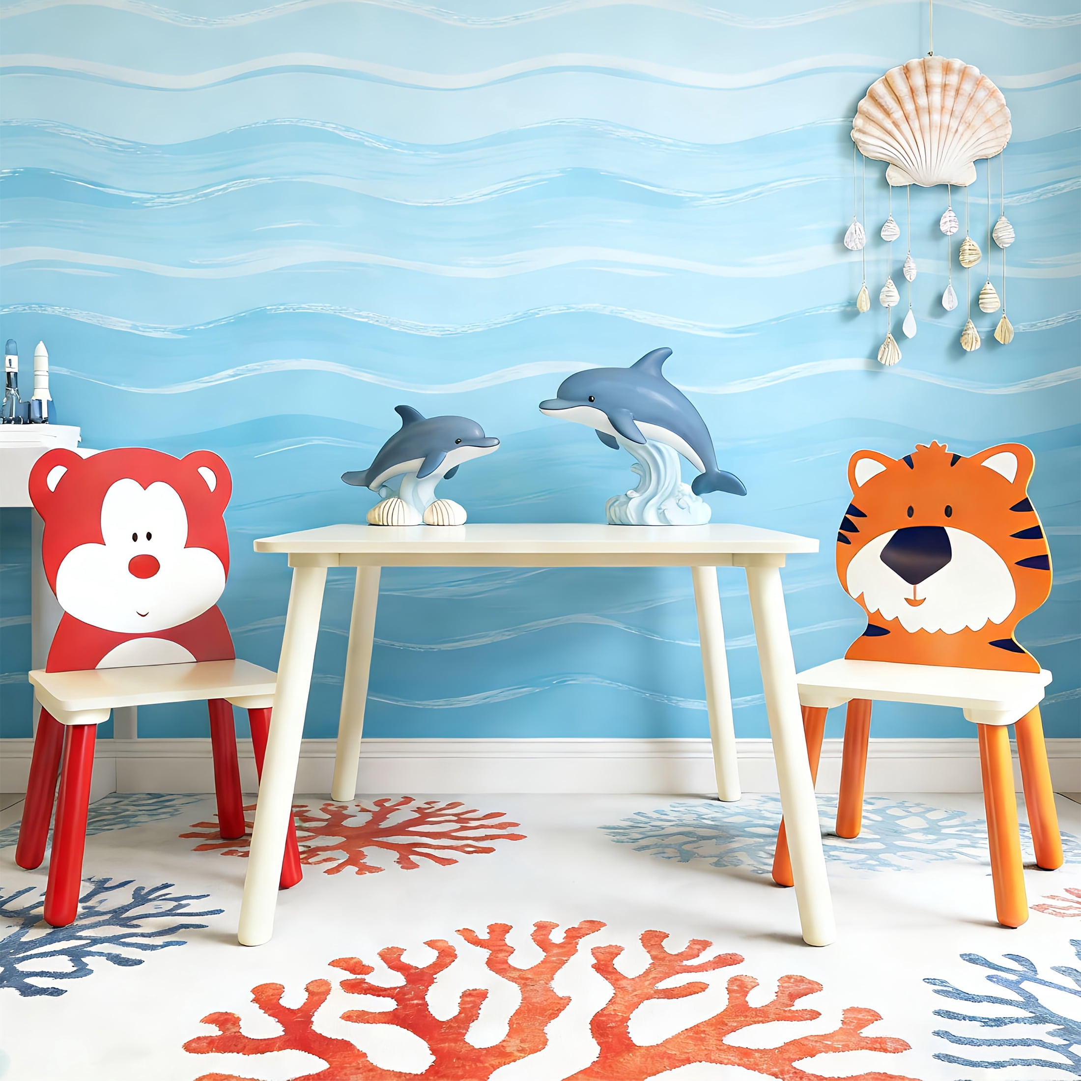 kids Table and Chairs Set,3 Pieces Toddler Table and Animals Chair,Wood Activity Table Play Table Sets