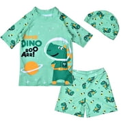 kids Toddler Boys 3-Piece Swimsuit Trunk, Rashguard and Swimming Cap, Dinosaur Printed Swimwear Set