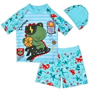 kids Toddler Boys 3-Piece Swimsuit Trunk, Rashguard and Swimming Cap, Dinosaur Printed Swimwear Set