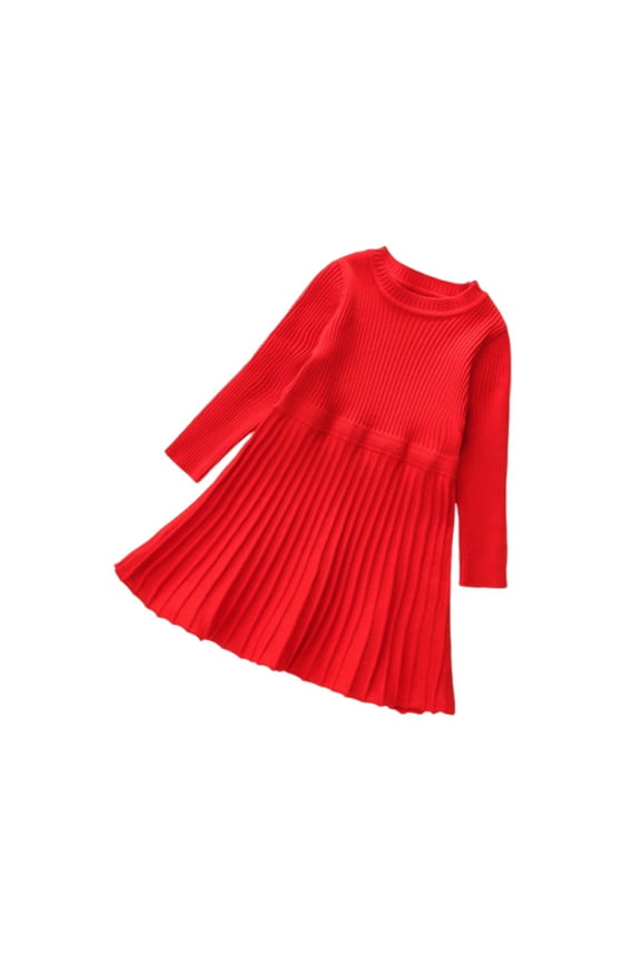 kids Toddler Knit Sweater Dress Baby Girls Fall Ribbed Long Sleeve Round Neck Pleated Dresses