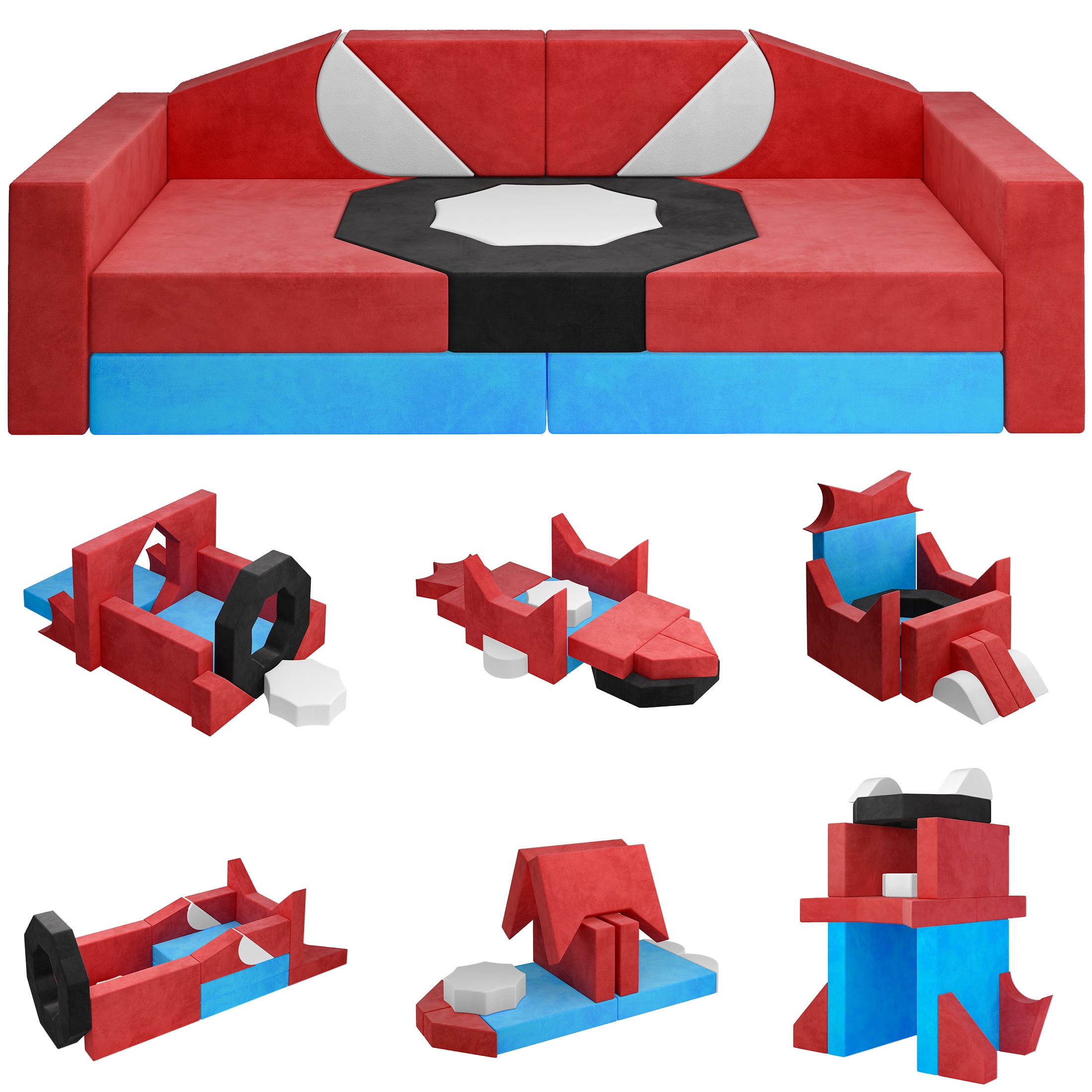 Modular Kids Play Couch Set for Toddlers Playroom, 14PCS Large Foldable Soft Kids Sofa, 3 in 1 Foam Convertible Couch Fort Building Floor Bed for Boys 3-5, Washable Velvet, Red