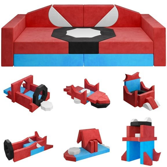 Modular Kids Play Couch Set for Toddlers Playroom, 14PCS Large Foldable Soft Kids Sofa, 3 in 1 Foam Convertible Couch Fort Building Floor Bed for Boys 3-5, Washable Velvet, Red