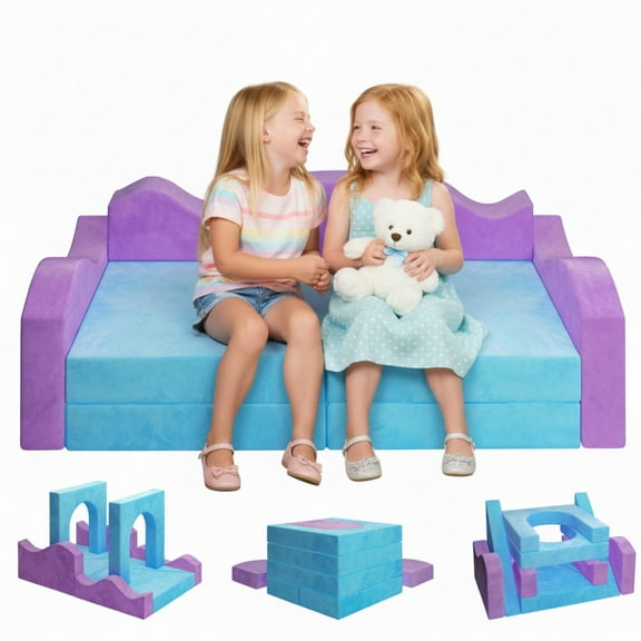 Modular Kids Play Couch Set for Toddlers Playroom, 12PCS Large Foldable Soft Kids Sofa, 3 in 1 Foam Convertible Couch Fort Building Floor Bed for Girls 3-5, Washable Velvet, Purple