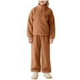 thumbnail image 1 of kids fuzzy warm outfits, toddle Boys Girls half Zip Fleece sweatshirt with swear Pants fall Winter homewear outwear sets Brown 0Y, 1 of 8
