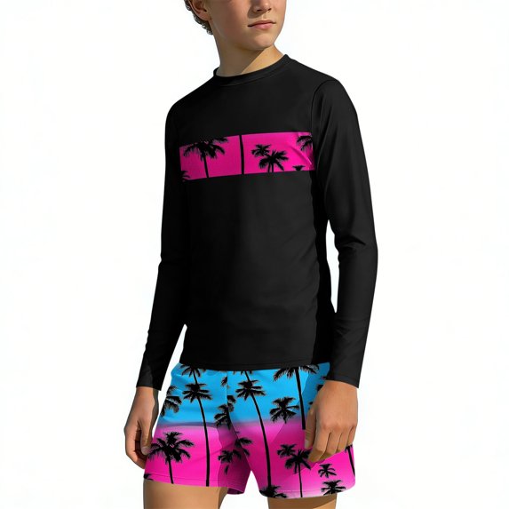 Auroural Boys Swimsuits 2 Piece Long Sleeve Boys Swimwear Kids Swimsuits Children's Summer Weiyi Printing Beach Swimsuit Set With Floral Prints Two Piece Swimsuit Set For Kids