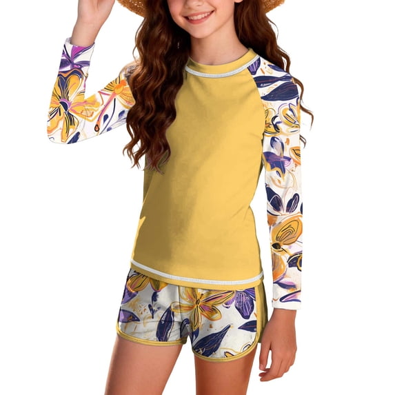 Auroural Girls Swimsuits 14-16 Two Piece With Cups For Teenagers Kids Girls Fashion Cute Print Long Sleeve Sunscreen Seaside Swimsuit Swimming Trunks Suit