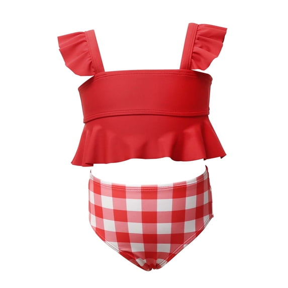 Auroural Toddler Girls Swimwear 4T Toddler Kids Baby Girls Summer Small Ruffle Solid Color Plaid Split Swimsuit