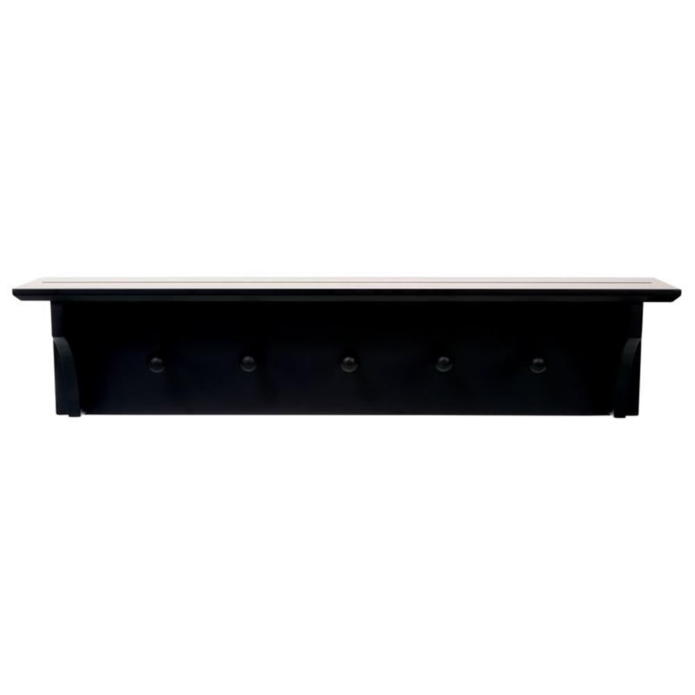 Black Asian Hardwood Wall Shelf with 5 Pegs