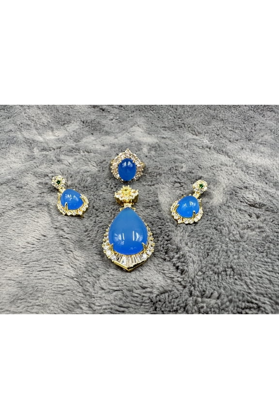Genuine Natural Gemstone Jewelry Blue chalcedony necklace ring and earring