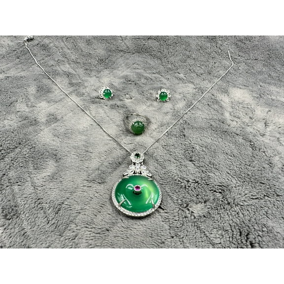 kiki home Genuine Natural Jade Gemstone Jewelry Green chalcedony necklace ring and earring