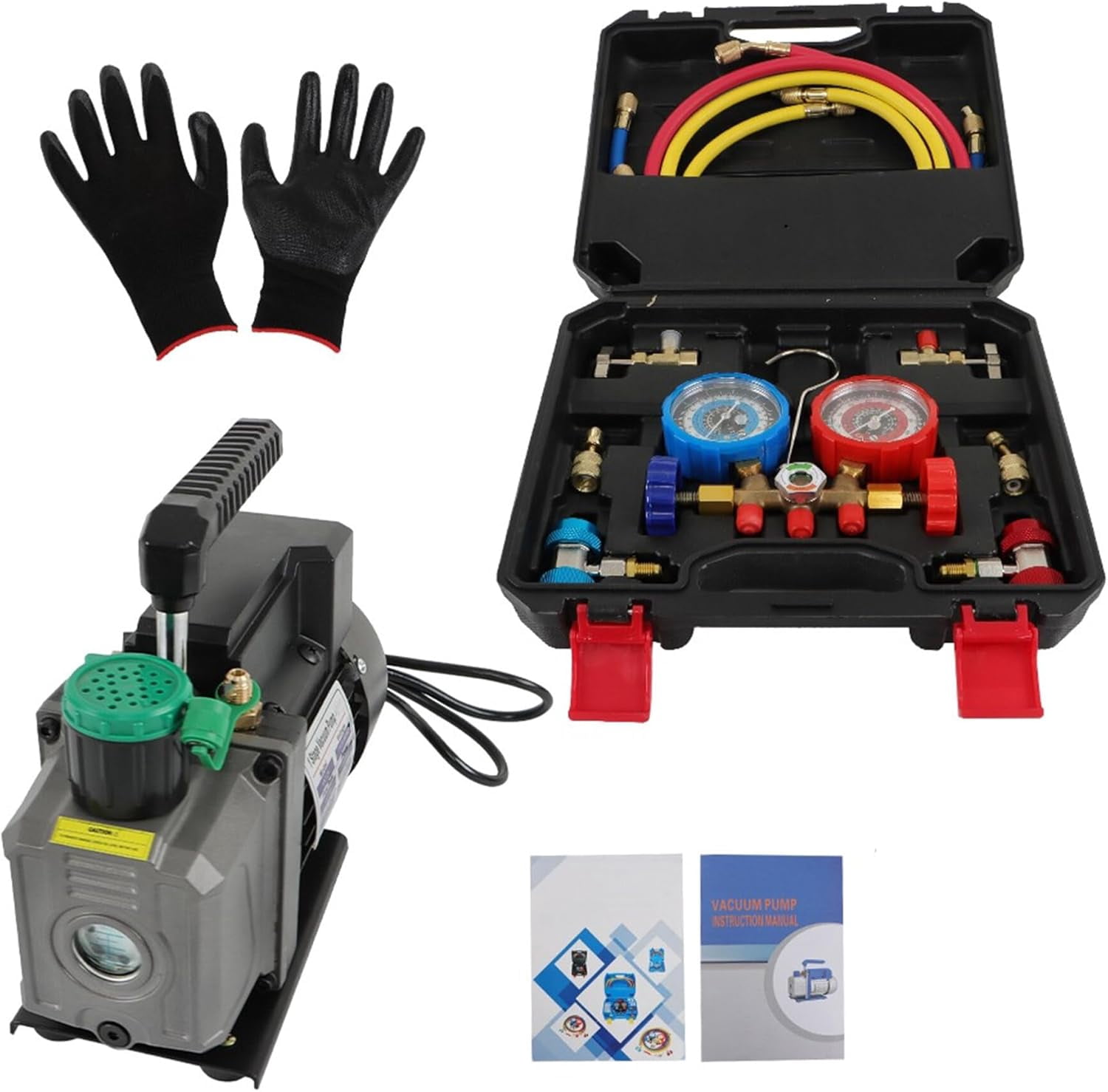kimllier Vacuum Pump 4CFM 1/3HP Single Stage Rotary Vane Vacuum Pump Kit Gauge Set Fit for Air Conditioning Maintenance