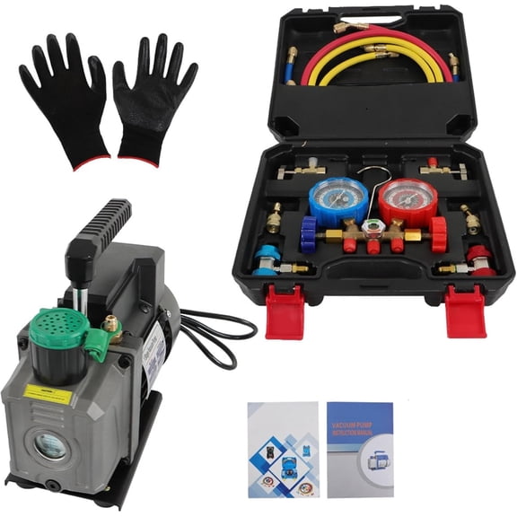 kimllier Vacuum Pump 4CFM 1/3HP Single Stage Rotary Vane Vacuum Pump Kit Gauge Set Fit for Air Conditioning Maintenance