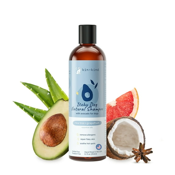 kin+kind Anti-Itch Dog Shampoo for Itchy Skin and Allergies - Safe, Natural Formula with Olive, Coconut, and Avocado Oil - Made in the USA - Great for Dog Grooming and Puppy Supplies (12 fl oz)