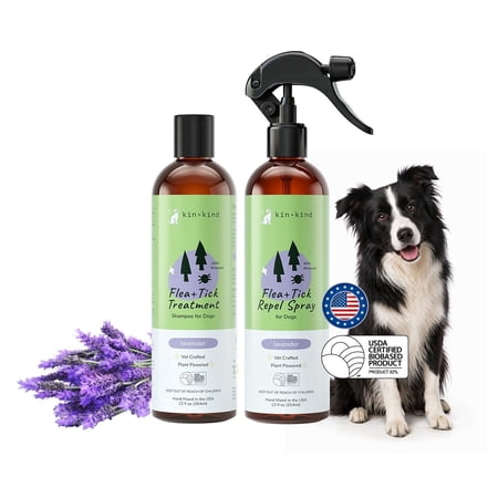 kin+kind | Flea & Tick Lavender Spray & Shampoo Value Set | Plant-Based (12 fl oz)