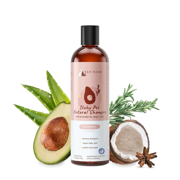 kin+kind Itchy Pet Natural Dog and Cat Shampoo - Gentle Clean for Itchy Skin - Avocado Oil - Rosemary Fragrance - 12 fl oz