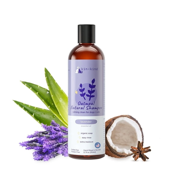 kin+kind  Oatmeal Natural Dog and Cat Shampoo - Gentle Oatmeal Clean for Sensitive Skin - Lavender Fragrance - 12 fl oz
