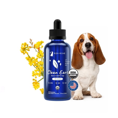 kin+kind Clean Ears - Natural Leave-In Dog Ear Cleanser - Certified USDA Organic - Fragrance Free - 4 fl oz