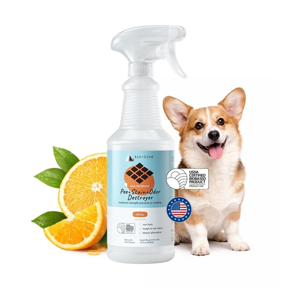 kin+kind Pet Urine Cleaner for Dogs & Cats, Multisurface Cleaner, Stain & Odor Remover, Pet Urine Remover, Stops Re-Marking, Citrus, 32 fl oz