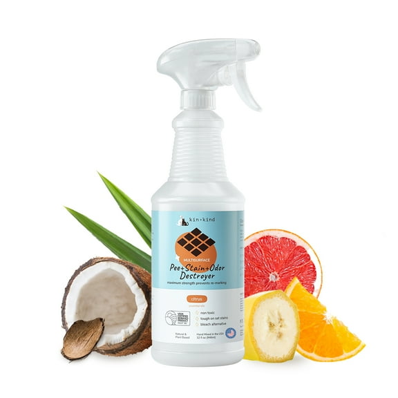 kin+kind Pet Odor Eliminator for Home - Litter Deodorizer, Pet Urine Odor Eliminator Spray and Stain Remover Spray for Harwood Floods, Carpet and Fabric - Pee, Odor and Stain Destroyer 32 fl oz