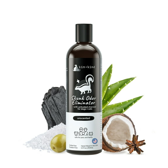 kin+kind Skunk Shampoo for Dogs & Cats - Activated Charcoal Odor Eliminator 12 fl oz - Safe for Dogs and Cats, Removes Skunk Scent - Natural Blend with Coconut and Olive Oil - Unscented - Made in USA