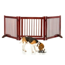 kinbor 3 Panels Foldable Wooden Pet Gate for Dogs with 2 PCs Support Feet Dog Barrier, 24 Inch Tall, 82.2 Inch Wide, Cherry