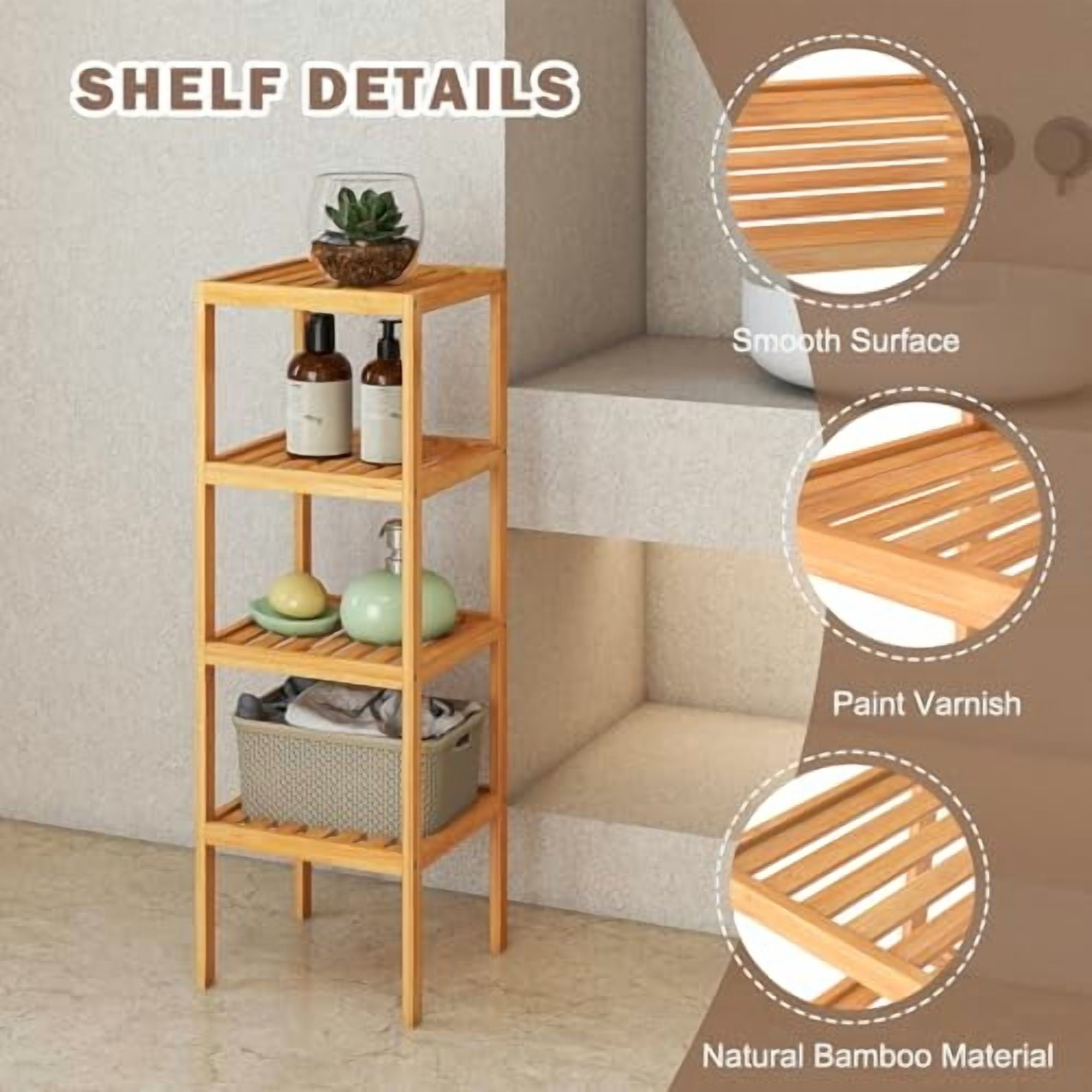 kinbor 4-Tier Bamboo Shelf Narrow Bathroom Shelf Organizer - Flower ...