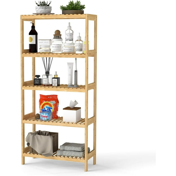 kinbor 5-Tier Bamboo Shelf Freestanding - Space-Saving Bathroom Standing Shelf &  Stand, 5 Shelf Bookcase for Kitchen, Living Room, Office (Natural Bamboo, Easy Assembly)