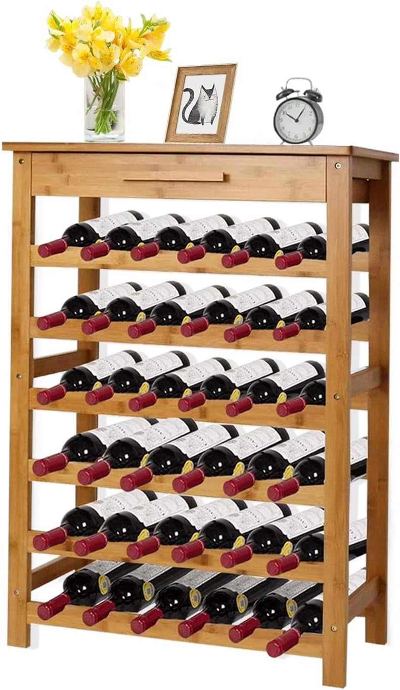 kinbor Bamboo Wine Storage Rack, 6-Tier with 36 Bottle Holders, Extra ...