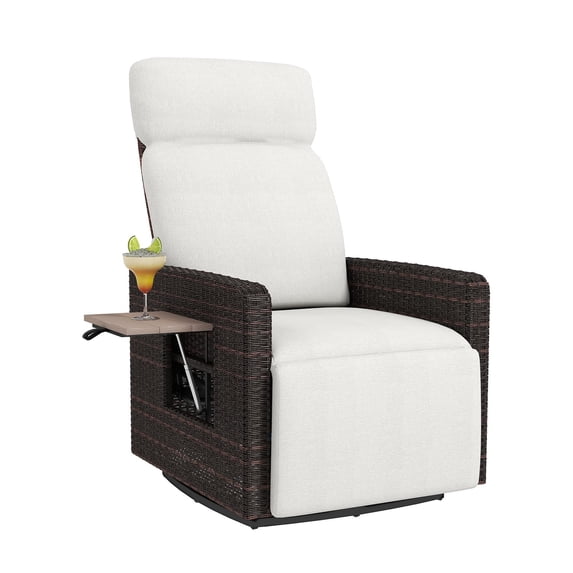 kinbor Outdoor Recliner Chair - High Back Patio 360° Swivel Chair with Flip Side Table, Removable Cushion & Footrest (White)