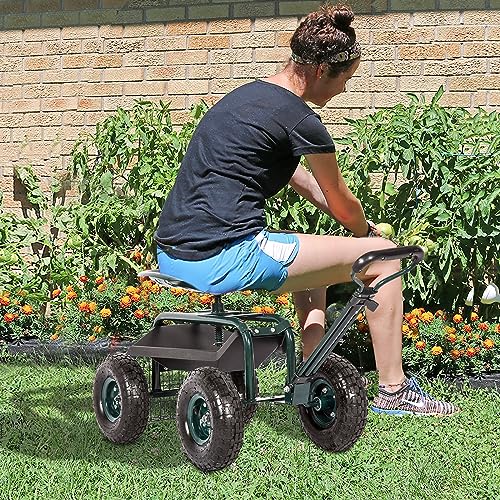 kinbor Rolling Garden Seat with Wheels Outdoor Garden Cart with Seat