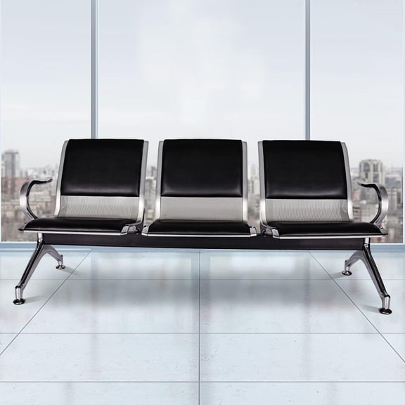 kinbor Waiting Room Chairs - Durable PU Leather Reception Bench with Armrests, 3-Seat Office Reception Guest Chairs for Office, Hospital, Airport, Bank & Lobby, Black