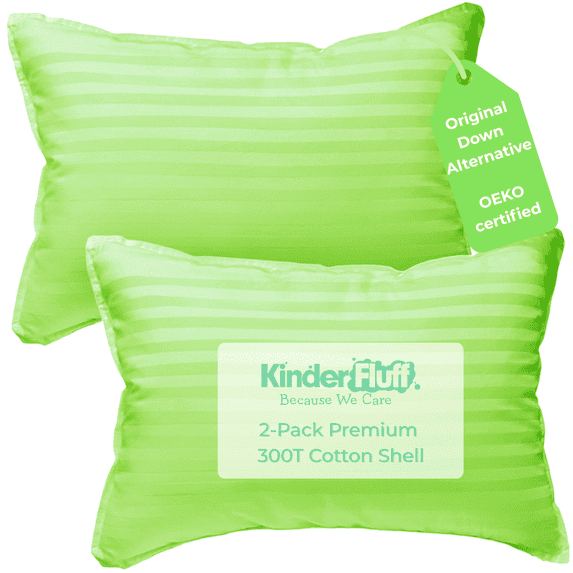 Kinder Fluff Kids Pillows, 2-Pack, Ages 7+, Soft Hypoallergenic Down Alternative Fill, 300TC Cotton, 16x24 in, Green