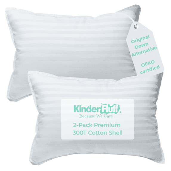 Kinder Fluff Small Kids Pillows, 2-Pack, XS, Soft Hypoallergenic Down Alternative Fill, 300TC Cotton, 10x15 in, White