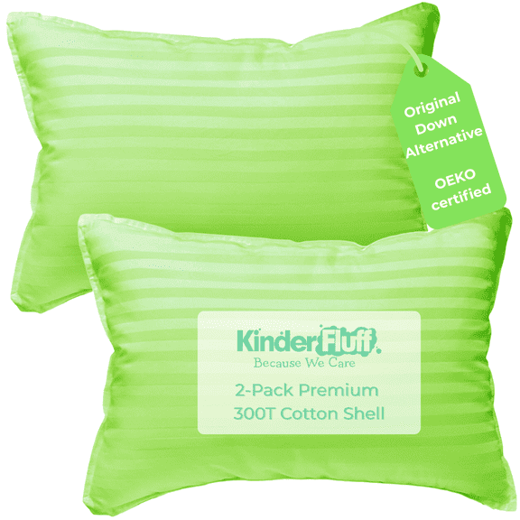 kinder Fluff Toddler Pillow (2Pack) 10x15in - First Pillow for Kids Age 2+, 100% Cotton Sateen Stripes Shell 300T, Down Alternative Fill, Machine Washable - Children & Travel Cushion - Green - XS