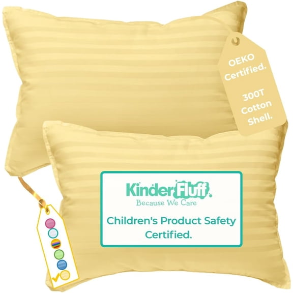 kinder Fluff Toddler Pillow (2Pack) 10x15in - First Pillow for Kids Age 2+, 100% Cotton Sateen Stripes Shell 300T, Down Alternative Fill, Machine Washable - Children & Travel Cushion - Yellow - XS