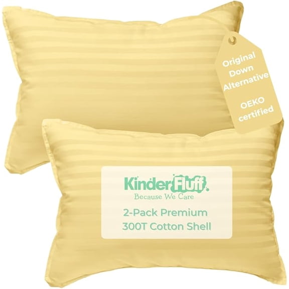 kinder Fluff Toddler Pillow (2Pack) 10x15in - First Pillow for Kids Age 2+, 100% Cotton Sateen Stripes Shell 300T, Down Alternative Fill, Machine Washable - Children & Travel Cushion - Yellow - XS