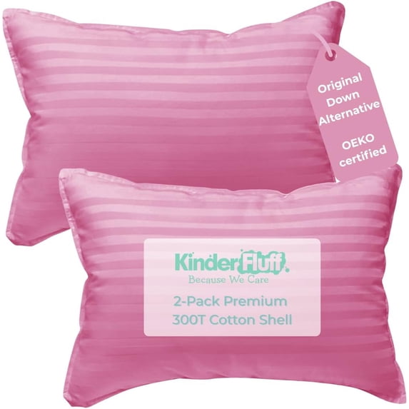 kinder Fluff Toddler Pillows for Bed (2X) - The Only Kids Pillow 300T Cotton Shell & Down Alternative Fill - Travel Pillow for Children Bedding Set Sleeping Pillow Floor Bed Pillows (14x20in - Pink)