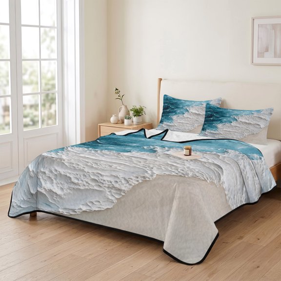 king Quilt Bedding Set, Abstract Beach Sea Wave Scene Lightweight Coverlet Summer Comforter Set Soft Microfiber Bedspread, Modern Marine Oil Painting Art 3 Piece Quilt Set with 2 Pillow Shams