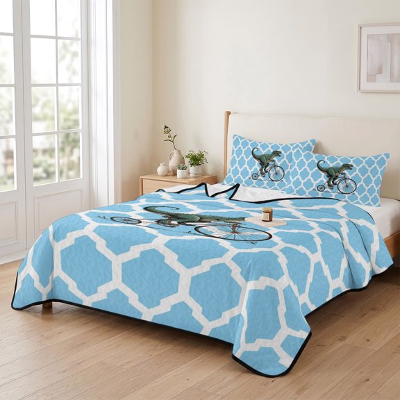 king Quilt Bedding Set, Abstract Dinosaurs Riding Bicycle Lightweight Coverlet Summer Comforter Set Soft Microfiber Bedspread, Blue Moroccan Pattern 3 Piece Quilt Set with 2 Pillow Shams
