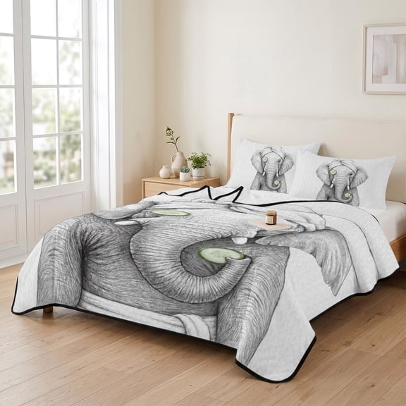 king Quilt Bedding Set, Abstract Elephant Cucumber SPA Lightweight Coverlet Summer Comforter Set Soft Microfiber Bedspread, Funny Animal Shower Art 3 Piece Quilt Set with 2 Pillow Shams