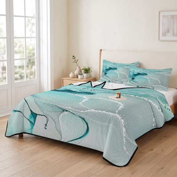 king Quilt Bedding Set, Abstract Flowing Marble Texture Lightweight Coverlet Summer Comforter Set Soft Microfiber Bedspread, Turquoise Fluid Art 3 Piece Quilt Set with 2 Pillow Shams All Seasons Use