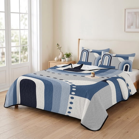 king Quilt Bedding Set, Abstract Geometric Mid Century Half Circle Lightweight Coverlet Summer Comforter Set Soft Microfiber Bedspread, Blue Gradient Stripes 3 Piece Quilt Set with 2 Pillow Shams
