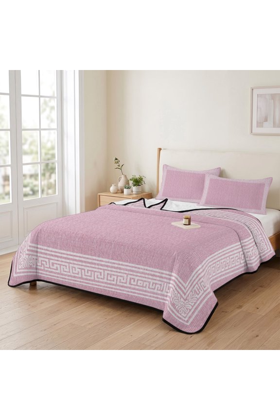 king Quilt Bedding Set, Abstract Greek Inspired Key Pattern Lightweight Coverlet Summer Comforter Set Soft Microfiber Bedspread, Twist Stripe on Pink 3 Piece Quilt Set with 2 Pillow Shams