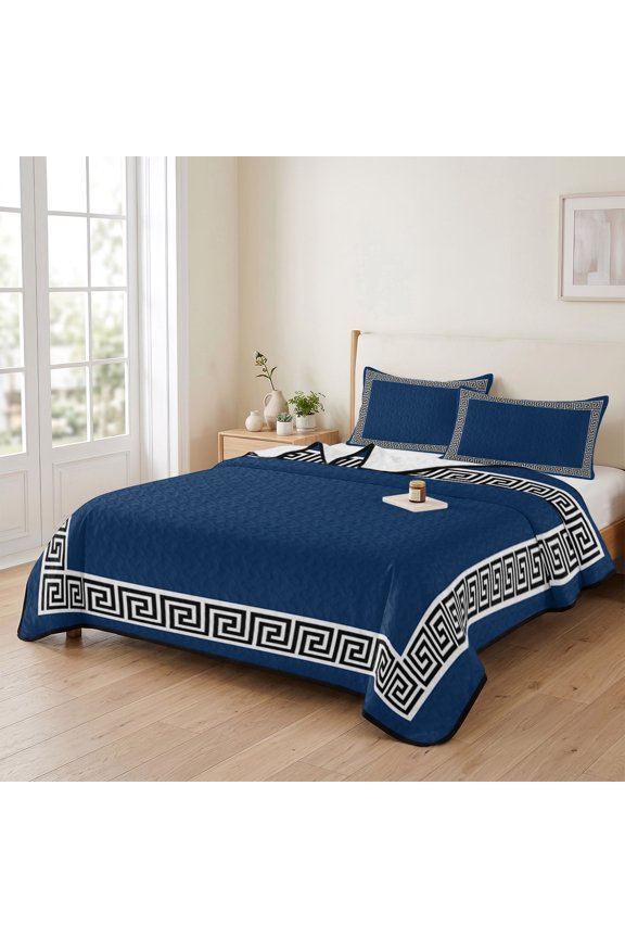king Quilt Bedding Set, Abstract Greek Inspired Key Texture Lightweight Coverlet Summer Comforter Set Microfiber Bedspread, Geometric Twist Line on Dark Blue 3 Piece Quilt Set with 2 Pillow Shams
