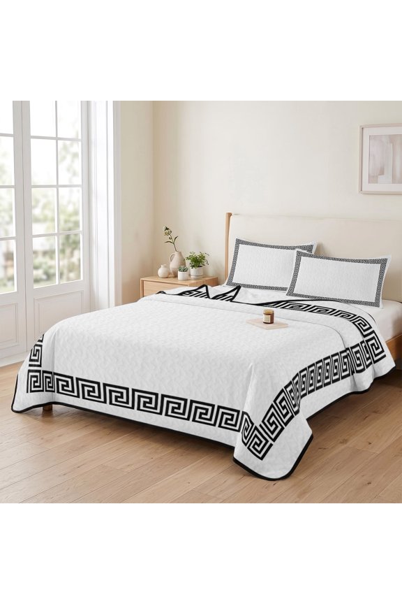 king Quilt Bedding Set, Abstract Inspired Greek Key Pattern Lightweight Coverlet Summer Comforter Set Soft Microfiber Bedspread, Geometric Twist Line on White 3 Piece Quilt Set with 2 Pillow Shams