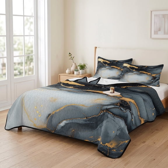 king Quilt Bedding Set, Abstract Marble Marble Texture Lightweight Coverlet Summer Comforter Set Soft Microfiber Bedspread, Black White Gradient 3 Piece Quilt Set with 2 Pillow Shams All Seasons Use
